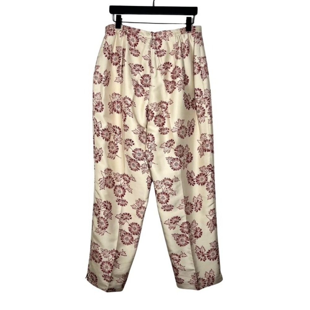 Adrianna Papell‎ Sz 14 Silk Floral Pants Ivory Burgundy High Rise Lined Cottage